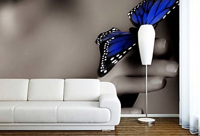 Čierno biela tapeta do obývačky s modrým motýľom