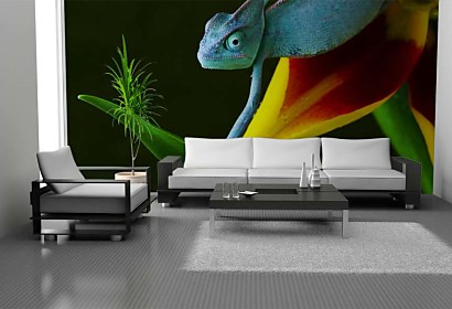 Obývačka s fototapetou chameleóna